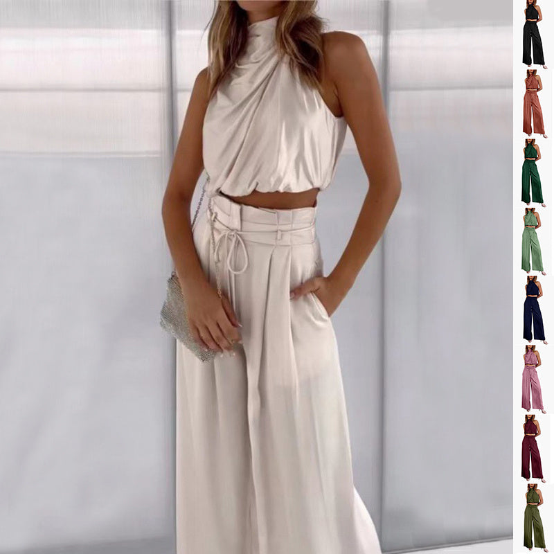 Summer Suits Casual Sleeveless Midriff-baring Top And Wide Leg Pants 2pcs Set Womens Clothing