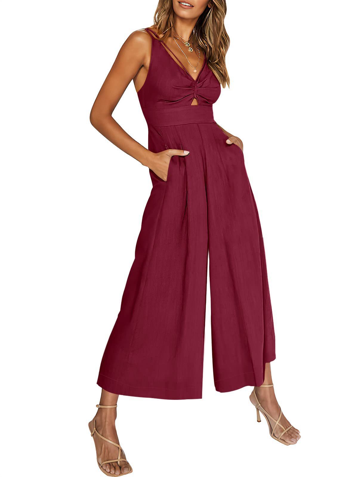 Summer V-neck Brace Hollow Out Pleating High Waist Wide Leg Pocket Women's Jumpsuit