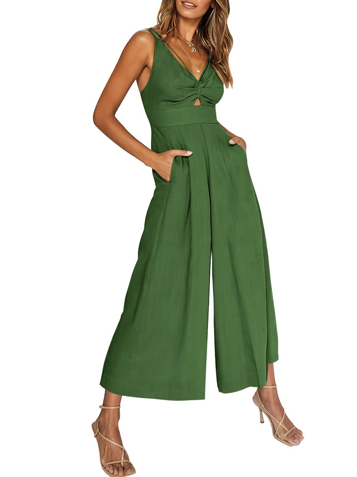 Summer V-neck Brace Hollow Out Pleating High Waist Wide Leg Pocket Women's Jumpsuit