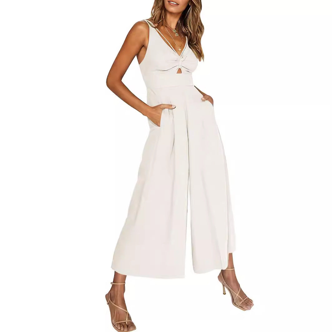 Summer V-neck Brace Hollow Out Pleating High Waist Wide Leg Pocket Women's Jumpsuit