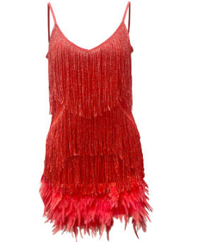 V-neck Strap Feather Stitching Dress