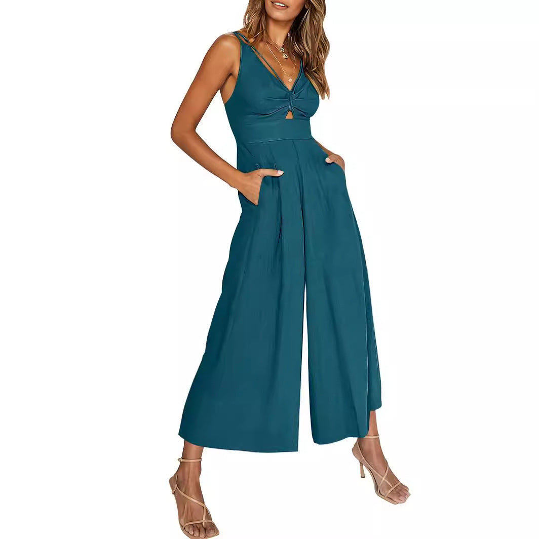 Summer V-neck Brace Hollow Out Pleating High Waist Wide Leg Pocket Women's Jumpsuit