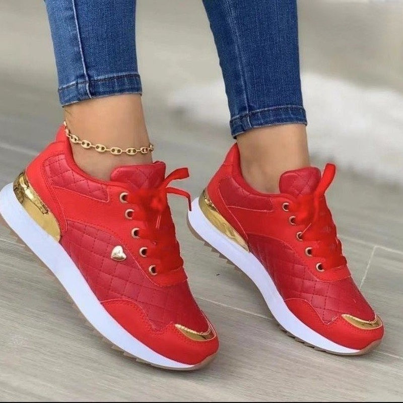 Plaid Sneakers Women Patchwork Lace Up Shoes With Love Decor