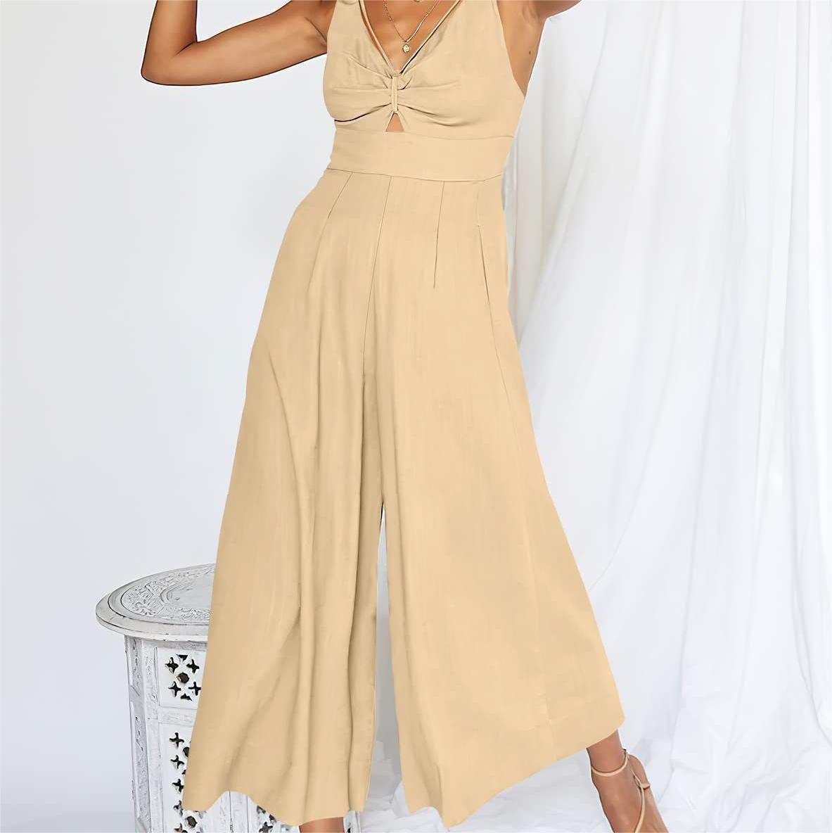 Summer V-neck Brace Hollow Out Pleating High Waist Wide Leg Pocket Women's Jumpsuit